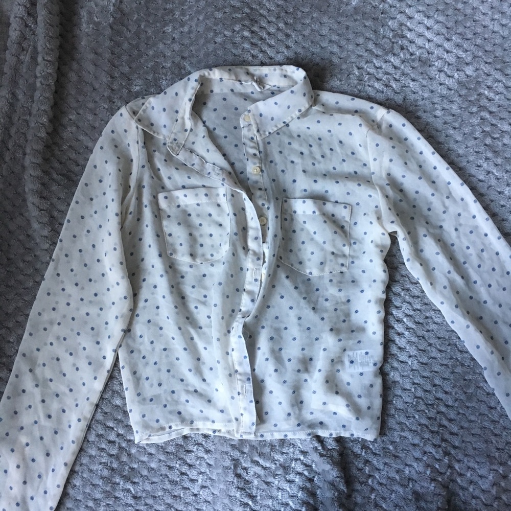 XS Cream colored blouse with blue polka dots
